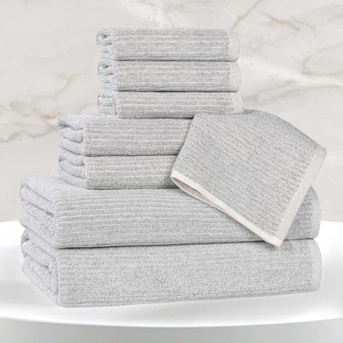 SUPERIOR Destin Viscose Cotton Blend Medium Weight Towels, for Bathroom, Shower, Spa, Plush, Quick Dry, Ultra-Soft Towels, Bath Essentials, Ribbed Design, 8 Piece Assorted Towel Set, Platinum - color: Platinum, size: 8 Piece Towel Set