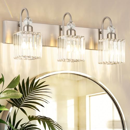 Ralbay Brushed Nickel Vanity Light for Bathroom Crystal 3-Light Modern Crystal Bathroom Light Fixtures - color: Square-Brushed Nickel, size: 3-light