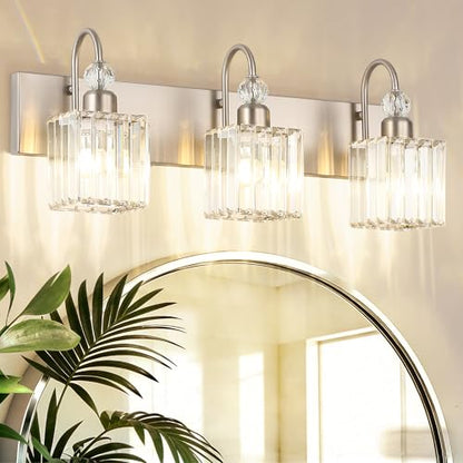 Ralbay Brushed Nickel Vanity Light for Bathroom Crystal 3-Light Modern Crystal Bathroom Light Fixtures - color: Square-Brushed Nickel, size: 3-light