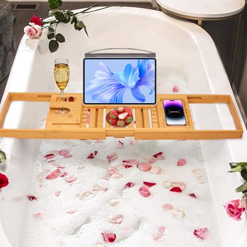 Bathtub Tray Caddy, Expandable Bamboo Bath Tray for Tub | Foldable Bath Table Trays with Non-Slip Pads, Bathroom Spa Accessories, Ideal Gift for New Home & Mom's Birthday - color: Bamboo