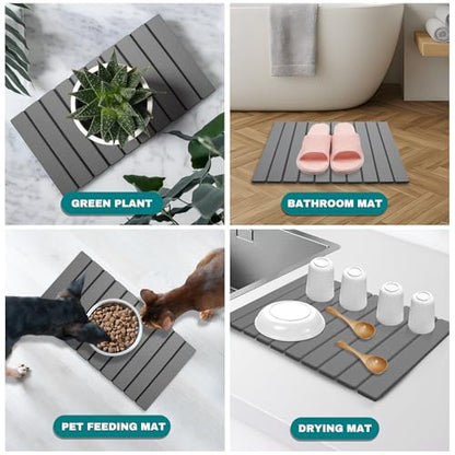 Stone Drying Mat for Kitchen Counter, Quick Dry Absorbent Collapsible Dish Drying Mat, Eco-Friendly Absorbent Diatomaceous Earth Mats for Dishes Bottles Cups Bathroom Any Counterop 24" x 15"
