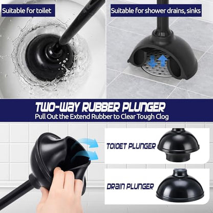 Reallnaive 4 Set Toilet Plunger and Brush Set with Ventilated Holder 2 in 1 Toilet Bowl Brush and Heavy Duty Plunger Combo Bathroom Cleaning Kit for Home and Commercial Bathrooms Drainage(Black) - color: Black