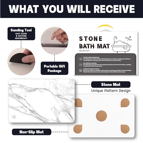 Stone Bath Mat,Diatomaceous Earth Shower Mat,Fast-Drying Stone Bathroom Floor Mat,Absorbent Non-Slip Diatomite Mats for Bathtub,White Marble - color: White Marble-24*16-1 Pack