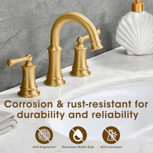 Gold Bathroom Faucet,Bathroom Faucet 3 Hole,Bathroom Sink Faucet | Brass Bathroom Faucet,Brushed Gold Bathroom Faucet 8 Inch With Pop-Up Drain And 2 Supply Hoses For Vanity Lavatory - color: Gold