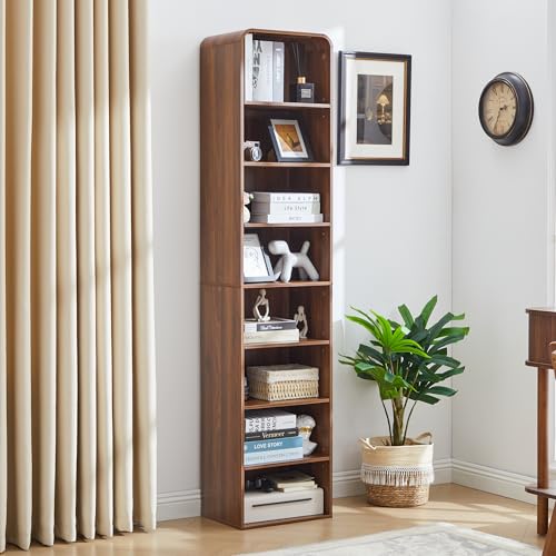 Tall Narrow Curved Bookshelf, 8-Tier Skinny Arch Bookcase for Small Space, Freestanding Storage Organizer with Adjustable Shelves, Open Display Shelves for Living Room, Entryway Bathroom (Walnut) - color: Walnut Brown, size: 11.8"D x 15.75"W x 71"H