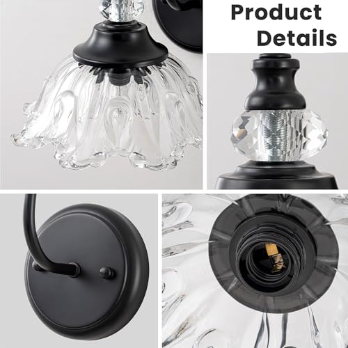 1-Light Black Vintage Wall Sconce, Flower Glass Shade Wall Mounted Light Fixture, E26 Base Farmhouse Vanity Lighting for Bathroom Bedroom Hallway Entryway