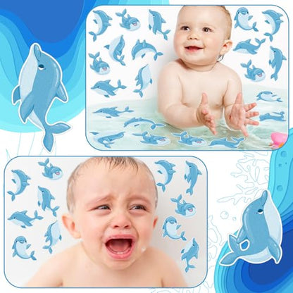 Yaomiao 24 Pcs Dolphin Non Slip Bathtub Stickers with Scraper | Shiny, Sparkle, Glitter, Peva, 4.53inch, Easy Apply, No Residue, for Bathroom, Shower Stairs Floor, Safety, Cute, Grip - style: Dolphin