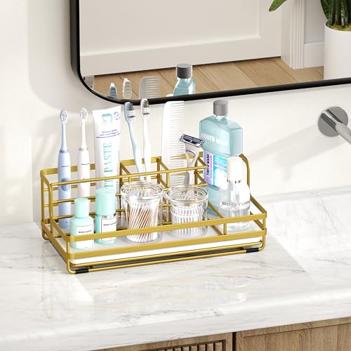 HapiRm Toothbrush Holders for Bathroom - 5 Partitions Bathroom Counter Organizer with Instant Drying Stone, Stainless Steel Countertop Storage Electric Toothbrush Toothpaste Holder - Gold - color: Gold