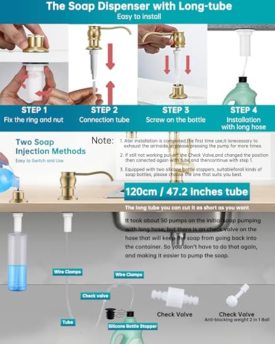 Built in Deck Mount Liquid Lotion Kitchen Countertop Metal Soap Dispenser, Brushed Gold Brass Dispenser Pump with 47.2" Silicone Long Tube for 0.79 "- 1.38" High Capacity Bottle Mouths - color: Brushed Gold, size: With Hose