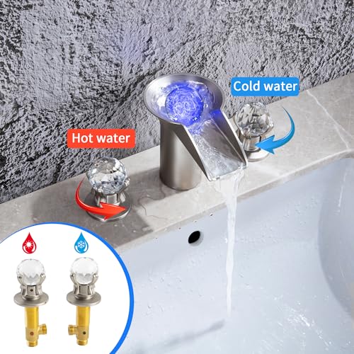 SKOWLL Bathroom Sink Faucet Waterfall, Modern Free Floating Crystal Ball with LED Light, 2 Handle Deck Mount 8 inch Widespread Bathroom Faucet 3 Hole, Brushed Nickel - color: Brushed Nickel