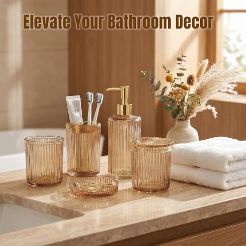 4 Pcs Brown Bathroom Accessories Set, Glass Bathroom Set, Soap Dispenser, Toothbrush Holder, Qtip Holders, Modern Bathroom Decor, Housewarming Gift Set （Amber Brown） - style: 4 pcs Brown