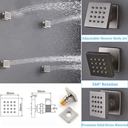 Brushed Nickel Shower Faucet System 16 X 24" 3 Functions Waterfall Mist Rainfall Ceiling Shower Head Thermostatic Full Body Shower Faucet Set Complete With Handheld And Shower Body Jet Spray - color: Brushed Nickel