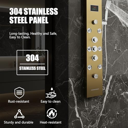 6-in-1 LED Shower Panel Tower System with 8 Adjustable Body Jets, Rainfall & Waterfall Shower, Smart Temperature Display, 59" Hose, Brushed Gold Stainless Steel, Wall Mounted - color: Gold