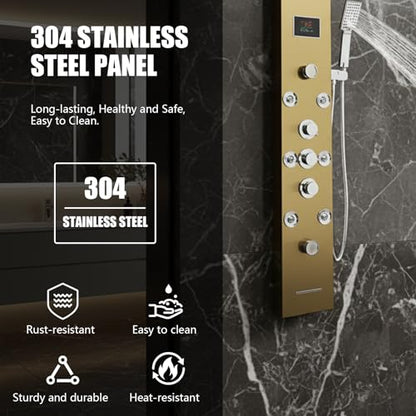 6-in-1 LED Shower Panel Tower System with 8 Adjustable Body Jets, Rainfall & Waterfall Shower, Smart Temperature Display, 59" Hose, Brushed Gold Stainless Steel, Wall Mounted - color: Gold
