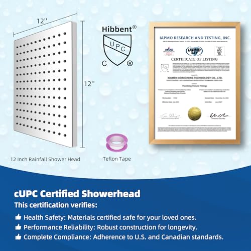 Hibbent cUPC Certified Metal High Pressure 12'' Rain Shower Head, Chrome | Thickness Showerhead, Square Large Bathroom Rainfall Shower Head, Adjustable Brass Ball Joint, Waterfall Full Body Coverage - color: Chrome, style: Square 12''