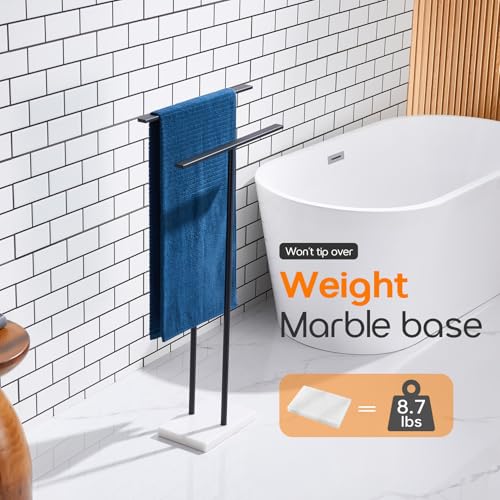 Free Standing Towel Racks Matte Black 2-Tier Towel Holder for Bathroom Floor Stand with Heavy Marble Base Thicken Steady Design Stainless Steel AN7005MB - color: Matte Black