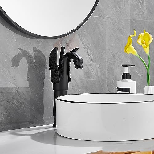 Matte Black Swan Shape Single Handle 1Hole Bathroom Vessel Sink Faucet Deck Mount Lavatory Sink Faucet - color: Matte Black, size: Tall