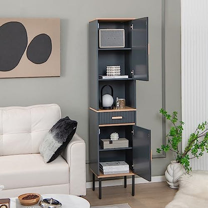 Tangkula Tall Bathroom Cabinet, Freestanding Storage Cabinet w/Doors Cabinet, Open Compartment & Drawer, Narrow Tower w/ 3-Position Adjustable Shelves, Anti-toppling Device & Metal Legs