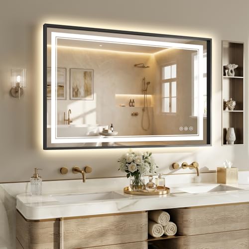 30"x48" LED Bathroom Mirror with Lights, Backlit + Front Lit, Anti-Fog, Lighted Bathroom Mirror with One-Piece Aluminum Alloy Frame, HD Shatterproof Tempered Glass, Dimmable, Memory Function - color: Black, size: 48"L x 30"W