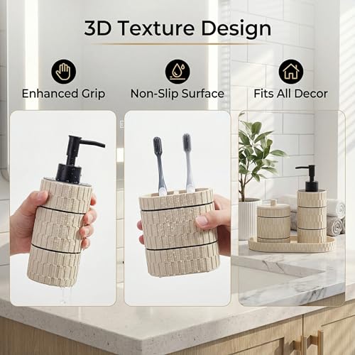 Bathroom Accessory Set, 6 Piece Bathroom Essentials Sets Accessories, Soap Dispenser Set, Toothbrush Holder, Vanity Tray, Tumbler, Cotton Swab Jars, Decor Organizer for Modern Bathrooms(Beige)