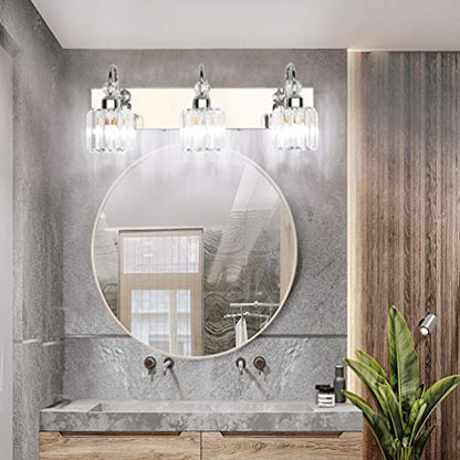 Ralbay Modern LED Crystal Bathroom Vanity Lights 3-Lights Stainless Steel Crystal Vanity Lights Over Mirror Modern Crystal Bathroom Vanity Lighting Fixtures - color: Round-Chrome, size: 3-light