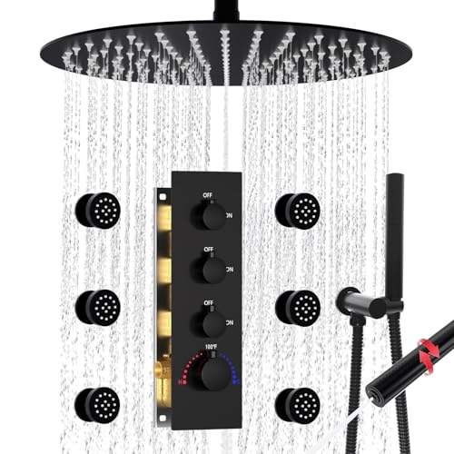 HOMEDEC 16inch Round Ceiling Mounted Rainfall Shower System, 3 Way Thermostatic Diverter Valve with 2-Function Handheld Shower and Body Jets, Black - color: Black, style: 3-Way