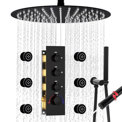 HOMEDEC 16inch Round Ceiling Mounted Rainfall Shower System, 3 Way Thermostatic Diverter Valve with 2-Function Handheld Shower and Body Jets, Black - color: Black, style: 3-Way