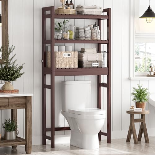 Over The Toilet Storage, Bamboo 3-Tier Over-The-Toilet Space Saver Organizer Rack, Stable Freestanding Above Toilet Stand with 3 Hooks for Bathroom, Restroom, Laundry, Espresso - color: Espresso