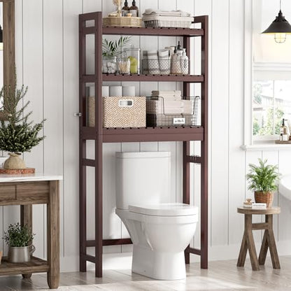 Over The Toilet Storage, Bamboo 3-Tier Over-The-Toilet Space Saver Organizer Rack, Stable Freestanding Above Toilet Stand with 3 Hooks for Bathroom, Restroom, Laundry, Espresso - color: Espresso