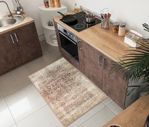 Keen Home Design Vintage Washable Entryway Rug, Non-Slip Low Pile, 2x3 | Machine washable cotton chenille, 0.25in low pile, rubber non-slip back; kitchen, entryway, bathroom, bedside - color: Beige / Brick Color, size: 2' x 3' (Rectangular)