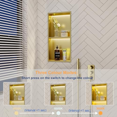 Gold 2-Tier 3 CCT LED Niche, 12"x24" No-Tile Shower Storage | shower niche with 3-Temperature LED Strip Light (4000K/6000K/3000K),Waterproof, Sturdy&Durable,304 Stainless Steel Wall Niche - color: Gold, size: 12X24In