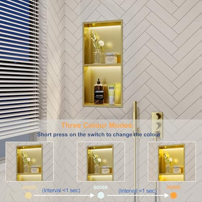 Gold 2-Tier 3 CCT LED Niche, 12"x24" No-Tile Shower Storage | shower niche with 3-Temperature LED Strip Light (4000K/6000K/3000K),Waterproof, Sturdy&Durable,304 Stainless Steel Wall Niche - color: Gold, size: 12X24In