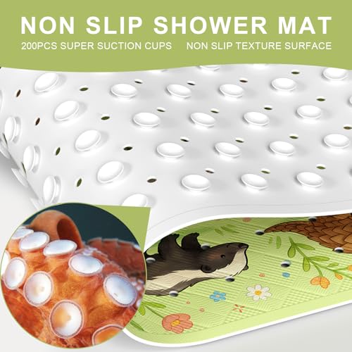 Baby Bath Mat for Tub Non Slip Kids, BPA Free Extra Long Bathtub Mat 40x16 with Drain Holes and 200 Suction Cups, Non Toxic Machine Washable Toddler Bath Mat, Eco-Friendly Certified - color: N-three Rows of Animals