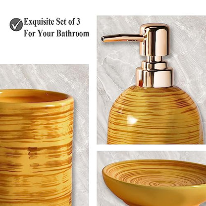Bathroom Accessories Set, 3 Pcs Marble Look Bath Set Soap Dispenser & Toothbrush Holder Set, Counter Top Restroom Apartment Decor Stuff, Ceramic Kits, Unique Gift, Yellow - size: Mustard