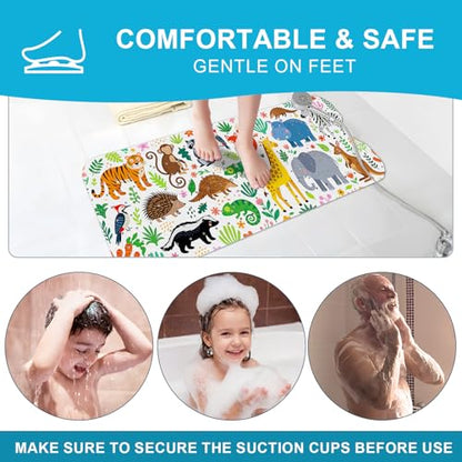 Baby Bath Mat for Tub Non Slip Kids, BPA Free Extra Long Bathtub Mat 40x16 with Drain Holes and 200 Suction Cups, Non Toxic Machine Washable Toddler Bath Mat, Eco-Friendly Certified - color: O-blue Hippopotamus