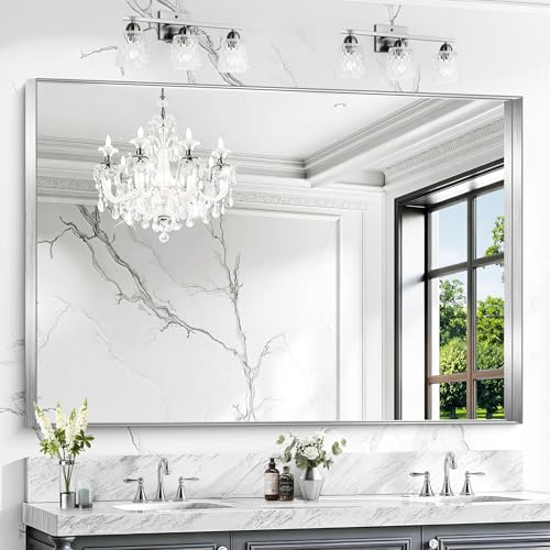 CIRCUMI Silver Bathroom Mirror, 60"x40" Rectangular Mirror for Vanity | Deep Metal Frame, Brushed Finish, Shatter proof, Tempered Glass, Installed Vertically/Horizontally, Mirror for Wall,Over Sink - color: Squared Corner Silver, size: 60"L x 40"W