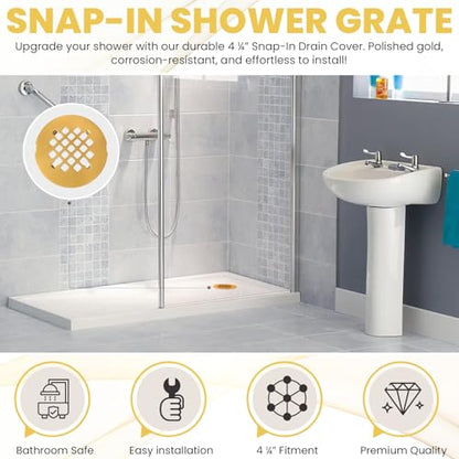 4 ¼” Polished Gold Snap-in Shower Drain Cover - Polished Brass Replacement - 4.25" OD Shower Drain Strainer - Easy Install - Premium Round Shower Drain Cover - Solid Brass Construction - color: Gold