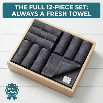 Sofea 100% Cotton Washcloths Set of 12, (12 x 12 Inch) 520 GSM Wash Cloths, Extra Soft Absorbent Quick Dry Face Towels - color: Dark Grey