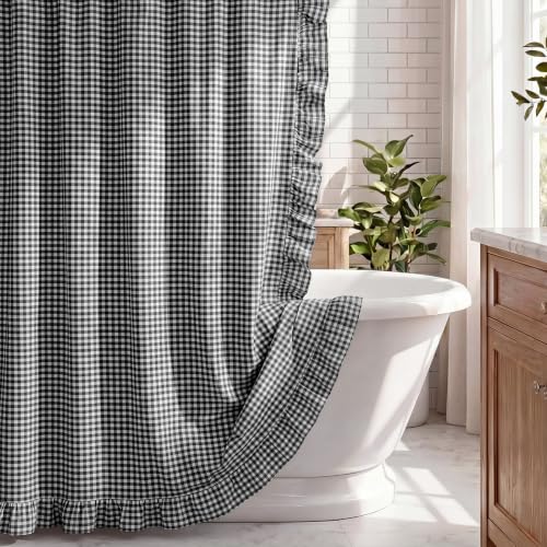 HunnmingRe Ruffled Gingham Shower Curtain 72 x 72 Inch Matte Black Cotton Vintage Farmhouse Cottage Core Rural Checkered Plaid Shower Curtain with 12 Hooks for Bathroom Bathtubs Decor - color: Matte Black, style: Ruffled Gingham
