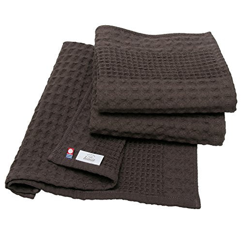 HIORIE Imabari Towel, 3-Piece Hand Towel Set, Japanese Towels, 13.3x31.4in, 100% Cotton, Lightweight, Quick Drying and Compact Towels, Waffle Design Fabric, Honeycomb, Brown - color: Brown, size: Hand Towel