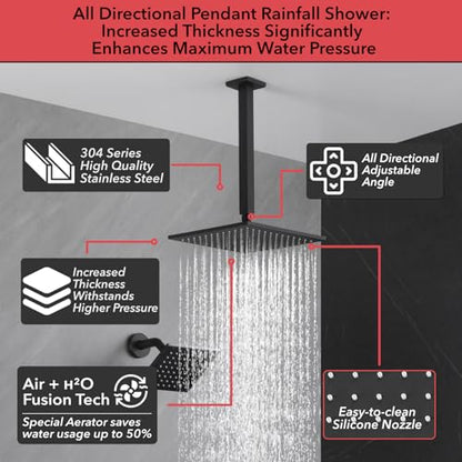 VANFOXLE Shower System, Matte Black Shower Faucet Set, Four Modes | 10 Inch Ceiling Mount Head Increased Thick, 6 Inch Second Head, 2-in-1 Handheld Combo, 4 PCS Dual Mode Body Jets, Brass Valve - color: Matte Black