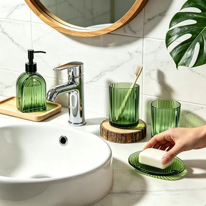YYTSGG Green Glass Accessories Set, 4PCS Bathroom Set | Modern Countertop Vanity Organizer Set include 13.5oz Lotion Soap Dispenser, Toothbrush Holder, Tumbler & Soap Dish - color: Green