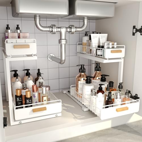 Under Sink Organizer Kitchen - Upgraded Professional Rails, 2 Tier Dual Pull Out Cabinet Storage, Height Adjustable Under Sink Storage, Metal Sliding Drawer for Kitchen & Bathroom, White, 2 Pack - color: White-2 Pack, size: Double Layer