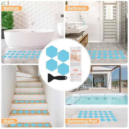 Non Slip Bathtub Stickers, Shower Stickers for Safety Bathroom Tubs, Bathtub Non Slip Stickers and Adhesive Decals Scraper for Bath Tub, Shower Floor, Stairs, Ladders(Square Shape) (24, Blue) - color: Blue