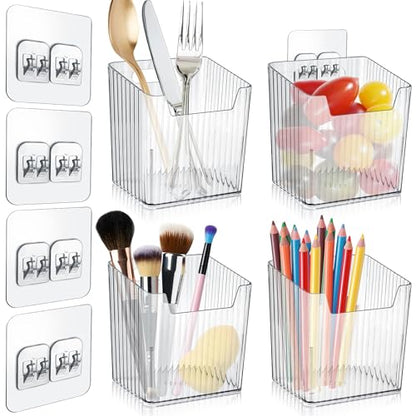 4 Pack Acrylic Wall Mount Organizer, Adhesive Cabinet Door Storage Bins, Clear Makeup Containers, Stackable Organizer Basket for Kitchen, Bathroom, Cabinet, Pantry, Office