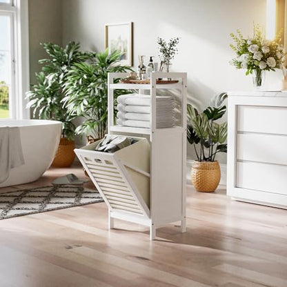 HITNET Bamboo Tilt Out Hamper, 10 Gal Bathroom Laundry Cabinet with Hidden Foldable Basket, Freestanding Clothes Storage Organizer with Storage Shelf, White - color: White
