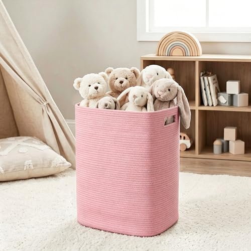 Large Laundry Hamper 16"x13"x22" - Tall Woven Laundry Basket, Cotton Rope Dirty Clothes Hamper, Baby Kids Nursery Wicker Laundry Basket, Bedroom Aesthetic, Soft Laundry Bin, Pink Hamper, 75L - color: Pink