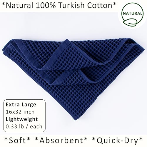 PÜSKÜL Natural 100% Turkish Cotton Waffle Kitchen and Hand Towels, 3-Piece | Navy Blue, 32x16" Large, Premium 3D Honeycomb Weave Soft Absorbent Quick-Dry Lint-Free Dish Towel, Oeko-Tex Made in Turkey - color: Navy Blue, size: Kitchen & Hand Towels Pack of