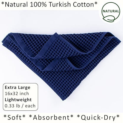 PÜSKÜL Natural 100% Turkish Cotton Waffle Kitchen and Hand Towels, 3-Piece | Navy Blue, 32x16" Large, Premium 3D Honeycomb Weave Soft Absorbent Quick-Dry Lint-Free Dish Towel, Oeko-Tex Made in Turkey - color: Navy Blue, size: Kitchen & Hand Towels Pack of