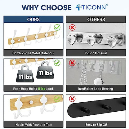 TICONN Wall Mounted Coat Rack, Five Heavy Duty Tri Hooks All Metal Construction for Jacket Coat Hat in Mudroom Entryway (Wood White, 2-Pack) - color: Wood White